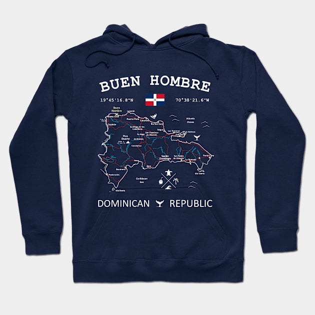 Buen Hombre Dominican Republic Flag Travel Map Coordinates GPS Hoodie by French Salsa